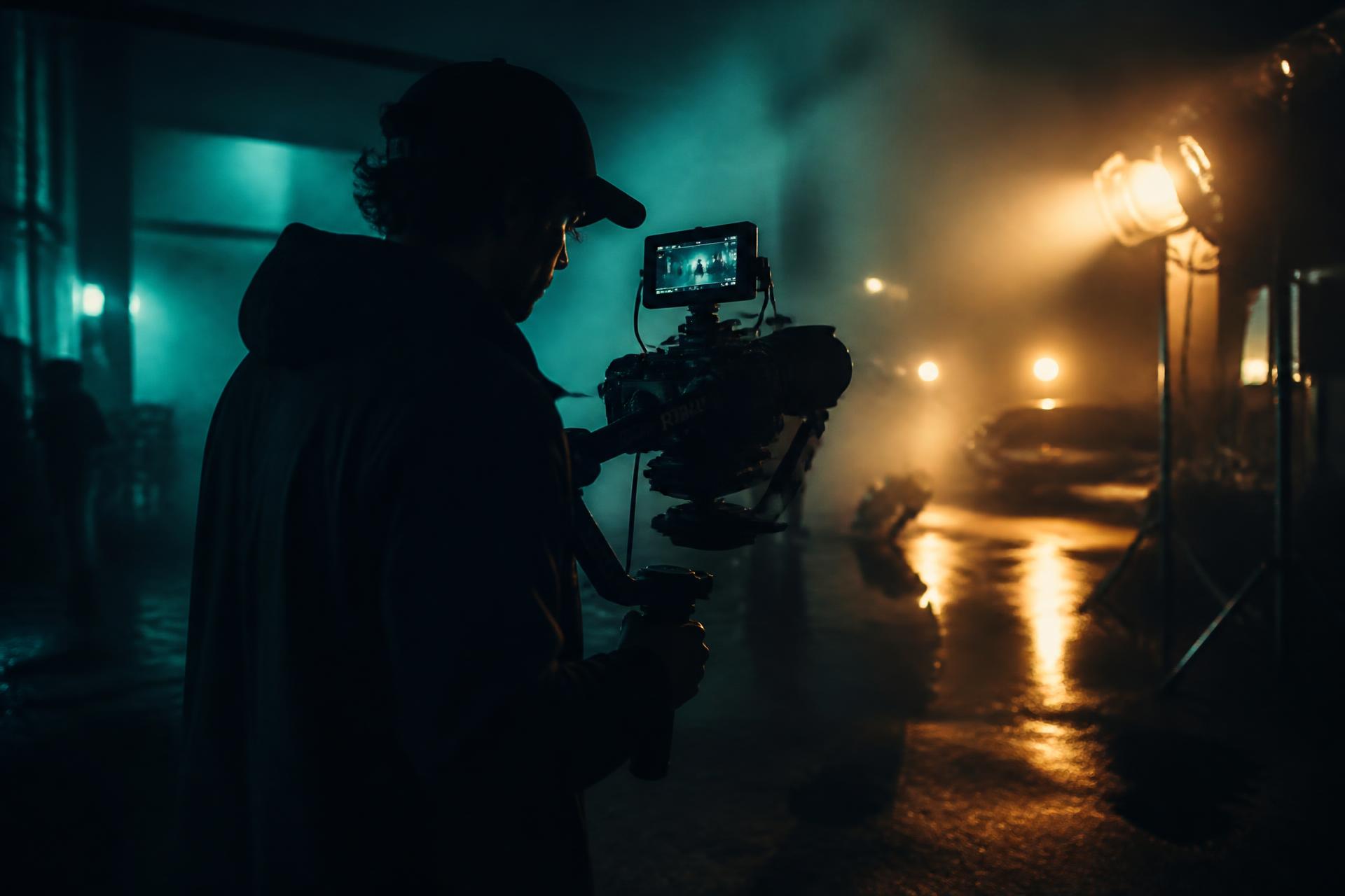 Cinematographer filming on a hazy night set